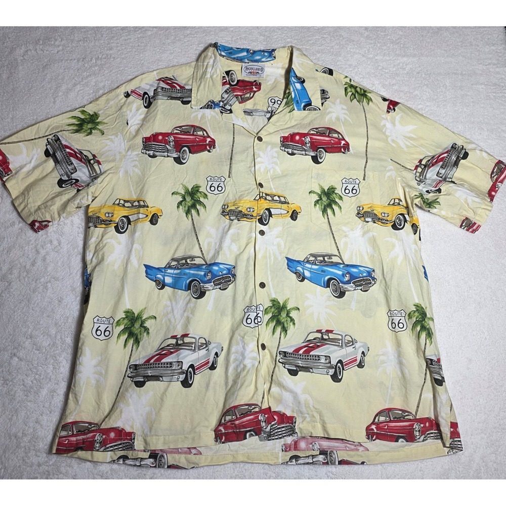 Pacific Legend Route 66 Button Down Men 3XL Yellow Excellent Classic Car Aloha‎